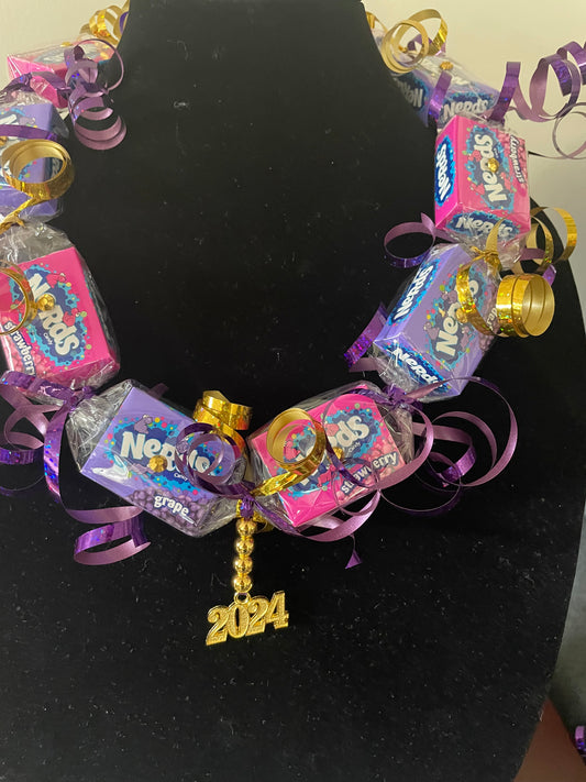Purple and Gold Candy Lei with 2024 Charm