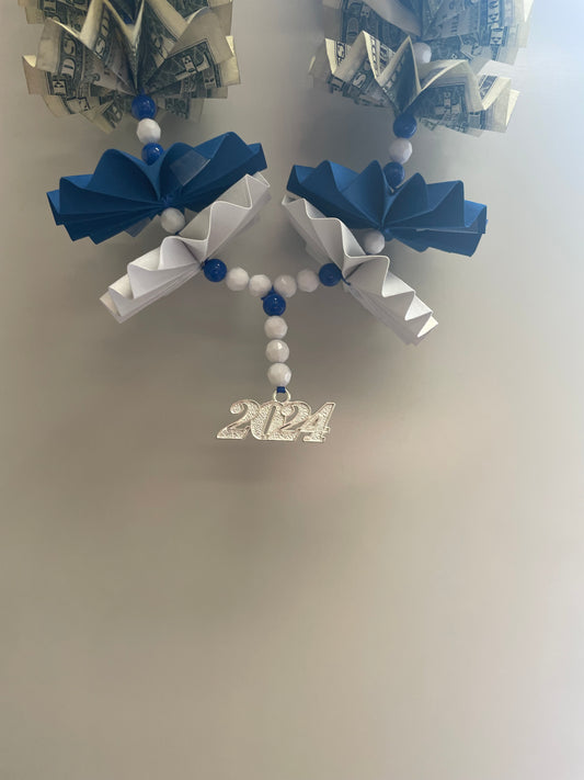 Class of 2024 $30 in Cash Blue and White Money Lei