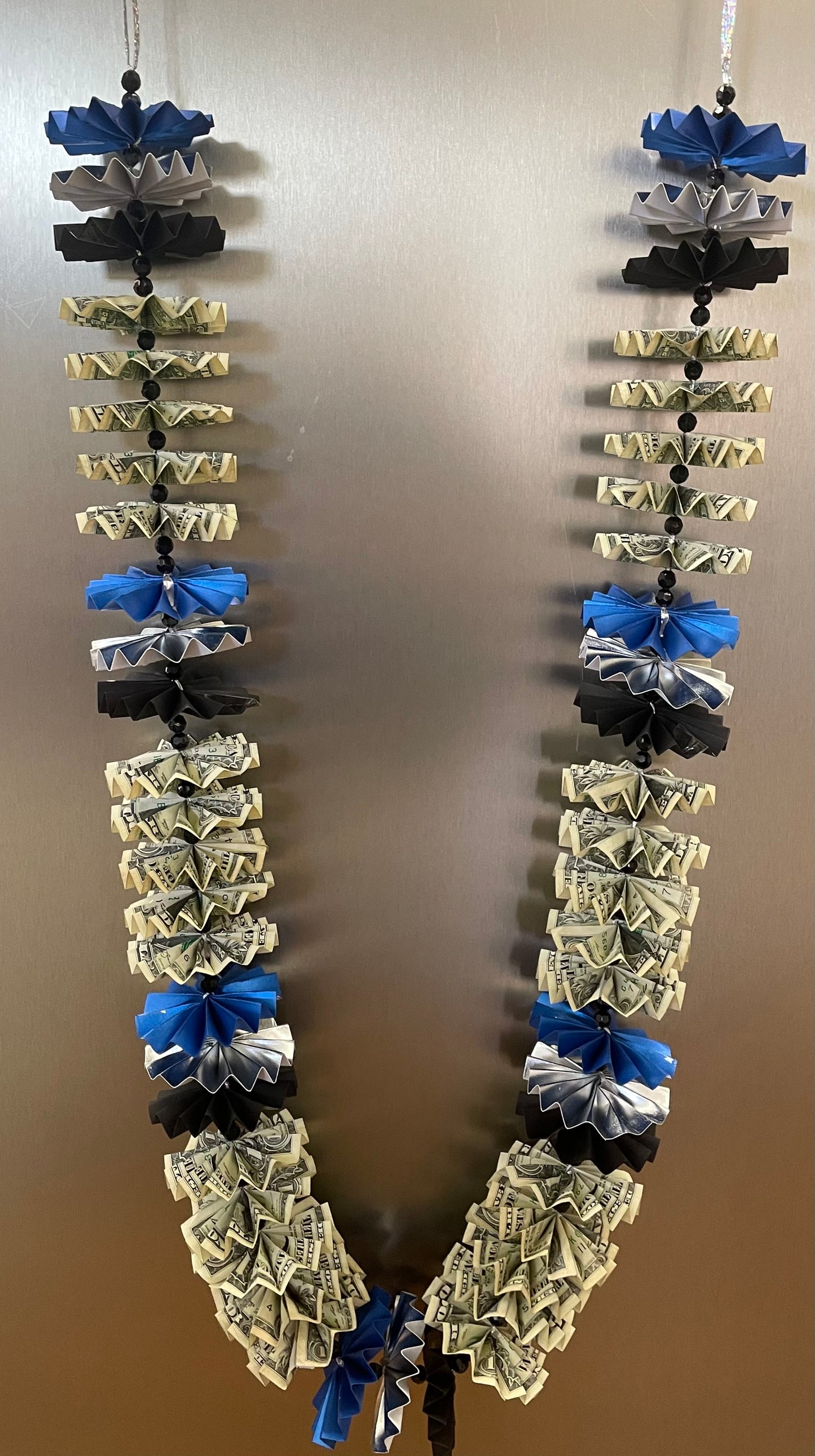 $30 in Cash Royal Blue, Silver, and Black Graduation Money Lei
