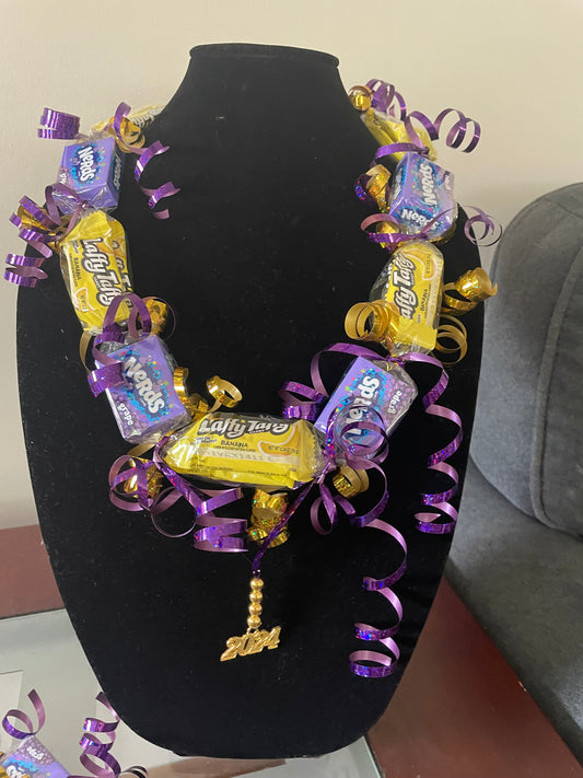 Purple and Gold Candy Lei with 2024 Charm