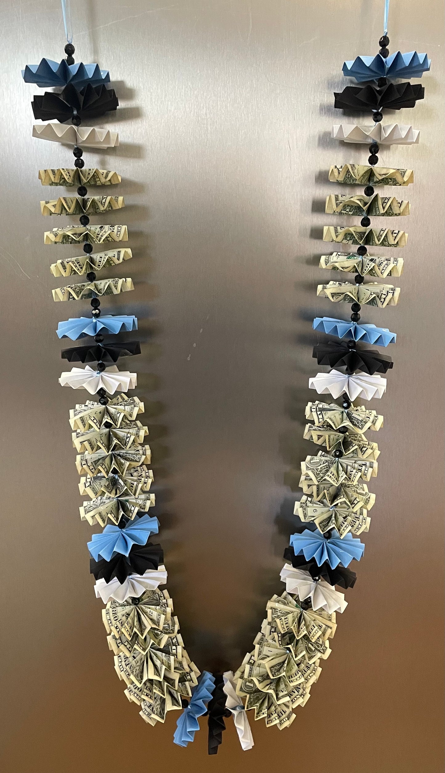 $30 in Cash Sky Blue, Black, and White Money Lei