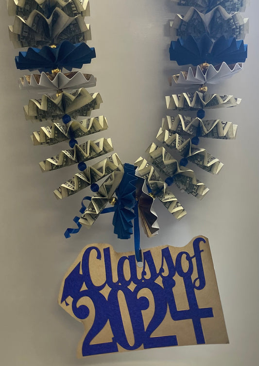 $50 in Cash Royal Blue and Gold Graduation Money Lei